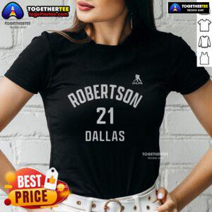 Happy Jason Robertson in Dallas Stars jersey, showing name and number 21 on a stylish ladies tee, perfect for fans.