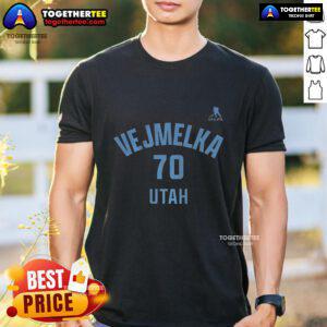 Happy Karel Vejmelka Utah Mammoth Ice Hockey T-Shirt featuring name and number 70 design, perfect for fans.