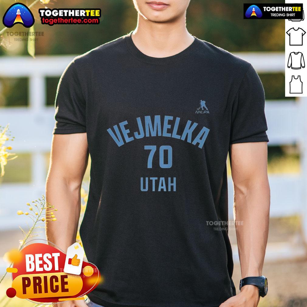 Happy Karel Vejmelka Utah Mammoth Ice Hockey T-Shirt featuring name and number 70 design, perfect for fans.