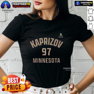 Alt Text: Happy Kirill Kaprizov wearing Minnesota Wild jersey with name and number 97 on a ladies tee, showcasing team spirit.