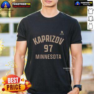 Alt Text: Happy Kirill Kaprizov Minnesota Wild Ice Hockey T-Shirt featuring number 97, perfect for fans of the NHL.