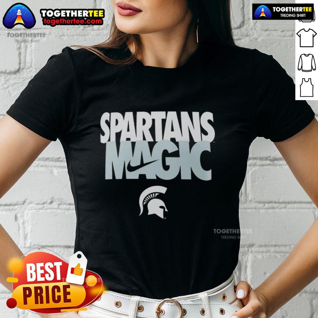Hot Michigan State Spartans Football ladies tee featuring Spartans Magic Nike logo in green and white.