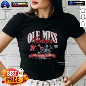 Alt Text: Hot Ole Miss Rebels CFP Quarterfinal at the Allstate Sugar Bowl 2026 ladies tee featuring team colors and logo.