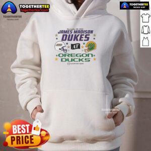 Alt Text: 2025 CFP first round matchup helmet and hoodie for Oregon Ducks vs James Madison Dukes game.