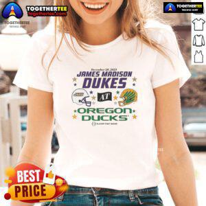 Alt Text: Oregon Ducks vs James Madison Dukes 2025 CFP first round matchup helmet featured on a ladies tee shirt.