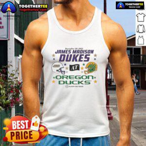 Alt Text: Hot Oregon Ducks vs James Madison Dukes 2025 CFP first round matchup helmet tank top design featuring team colors.