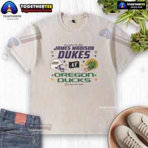 Alt Text: Hot Oregon Ducks vs James Madison Dukes 2025 CFP first round matchup helmet and washed t-shirt displayed together.