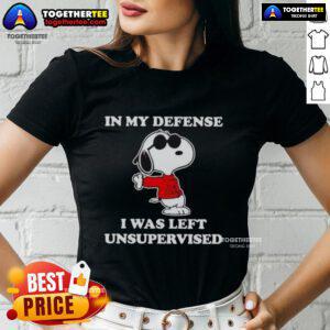 Hot Snoopy Joe Cool 'In My Defense I Was Left Unsupervised' Ladies Tee featuring fun graphic design and vibrant colors.