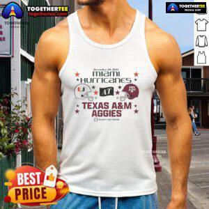Texas A&M Aggies vs Miami Hurricanes 2025 CFP first round matchup helmet tank top featuring team logos and vibrant colors.