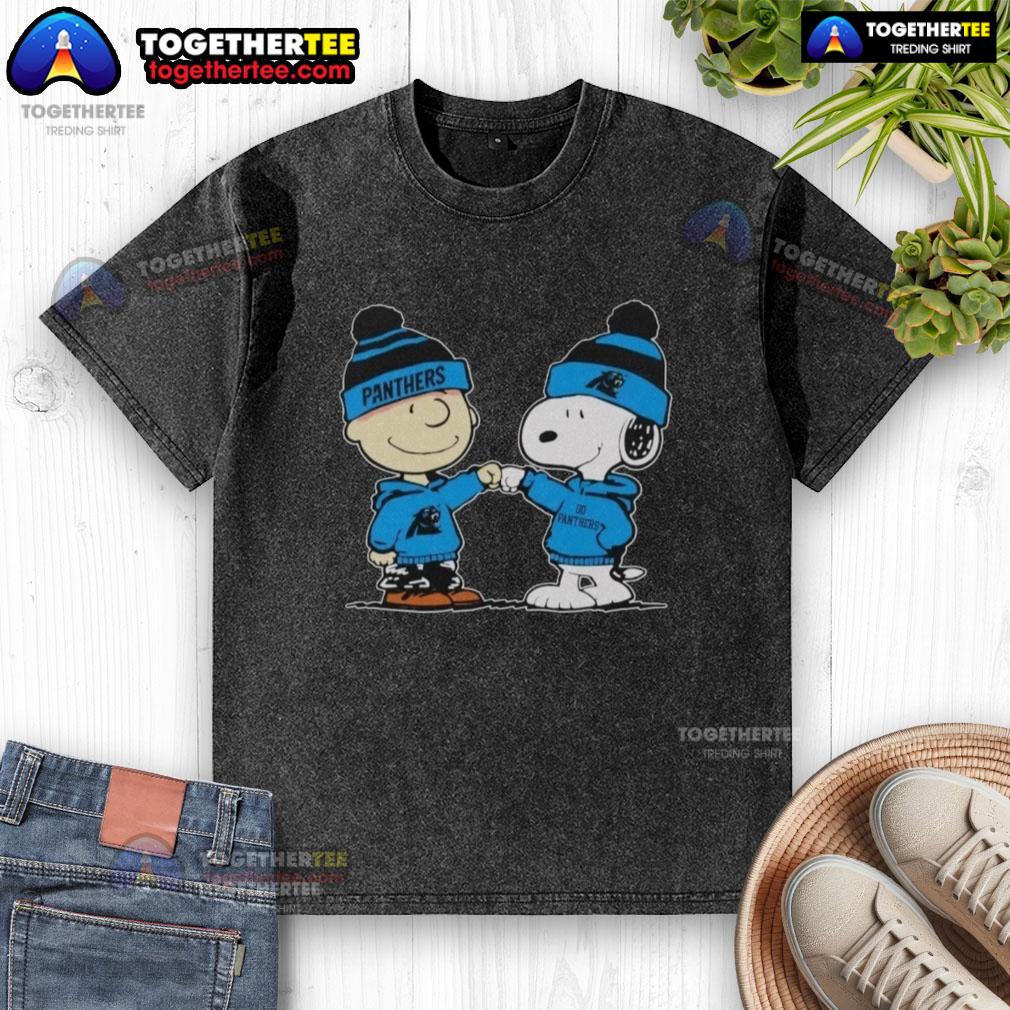 Nice Carolina Panthers Snoopy and Charlie Brown Best Friends washed t-shirt featuring iconic comic characters in team colors.