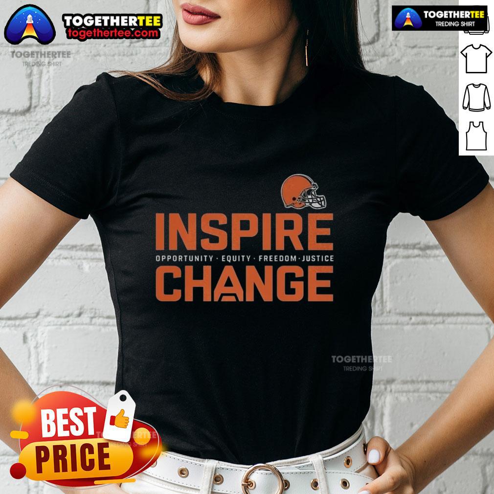 Women's Cleveland Browns tee promoting change, opportunity, equity, and justice in football and beyond.