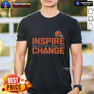 Nice Cleveland Browns Inspire Change T-Shirt promoting equity, freedom, and justice in football and community initiatives.
