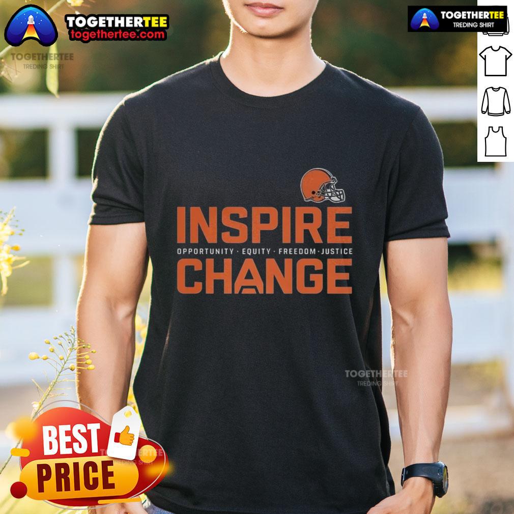 Nice Cleveland Browns Inspire Change T-Shirt promoting equity, freedom, and justice in football and community initiatives.
