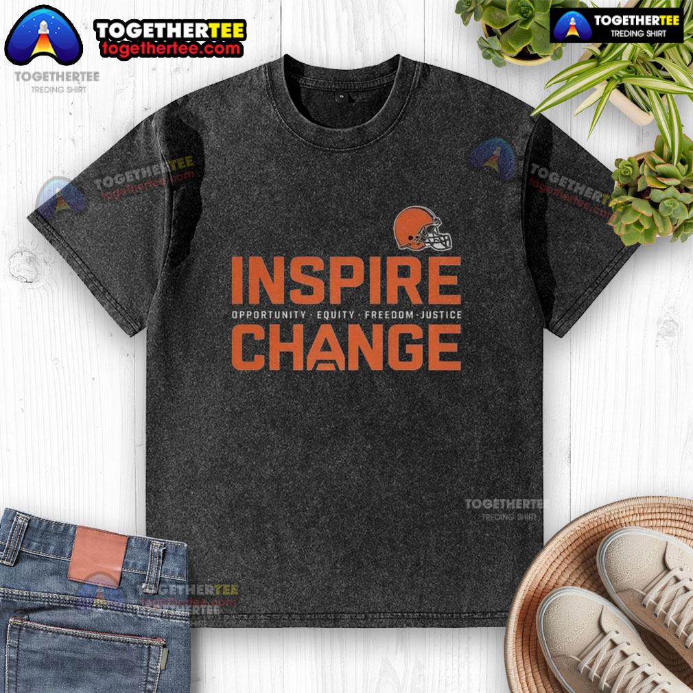 Alt Text: Cleveland Browns Inspire Change washed t-shirt promoting equity and justice in football and community.
