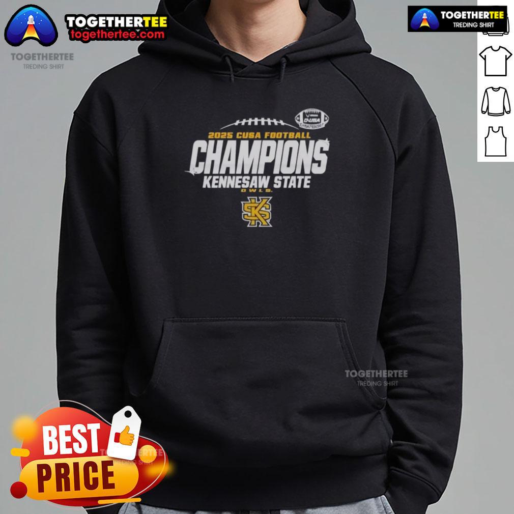 Kennesaw State Owls 2025 C-USA Champs hoodie displayed in football locker room, showcasing team spirit and pride.