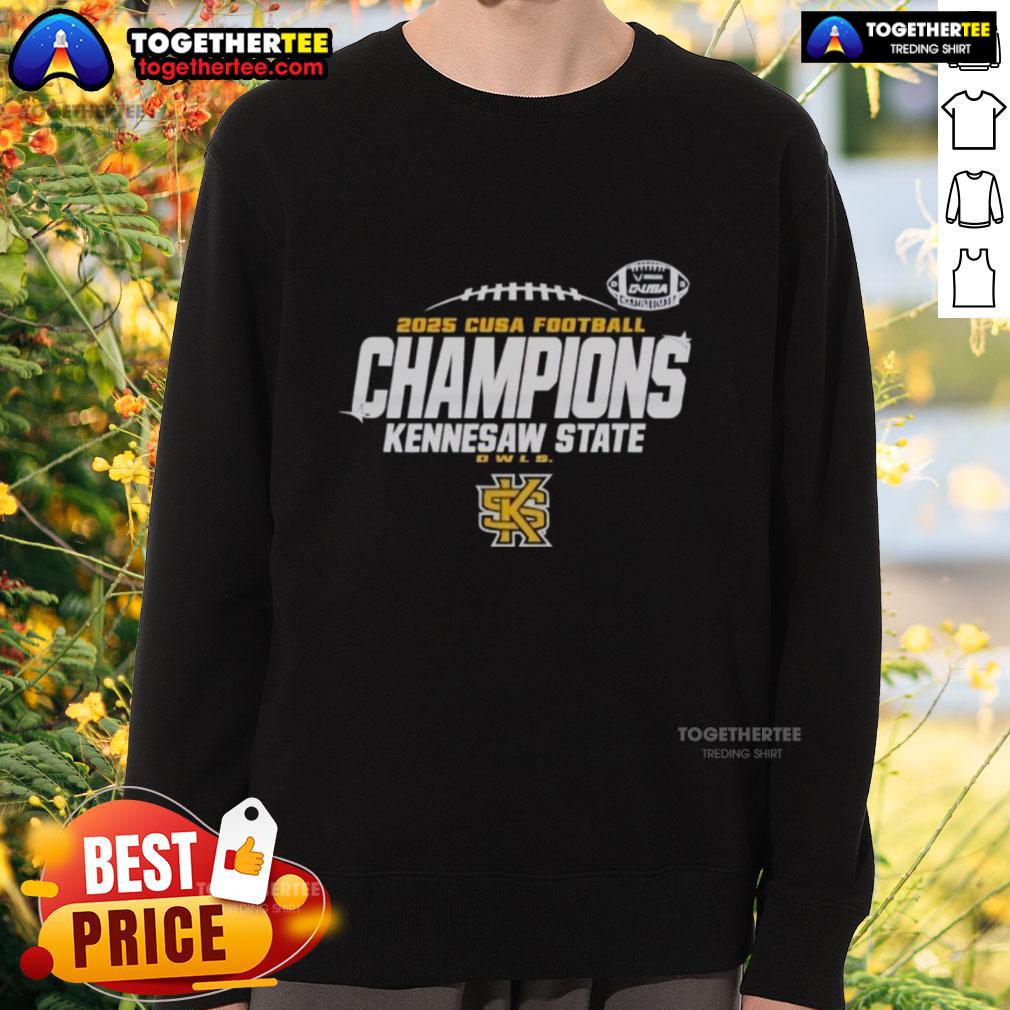 2025 Kennesaw State Owls C-USA Champs football locker room sweatshirt showcasing team pride and championship spirit.