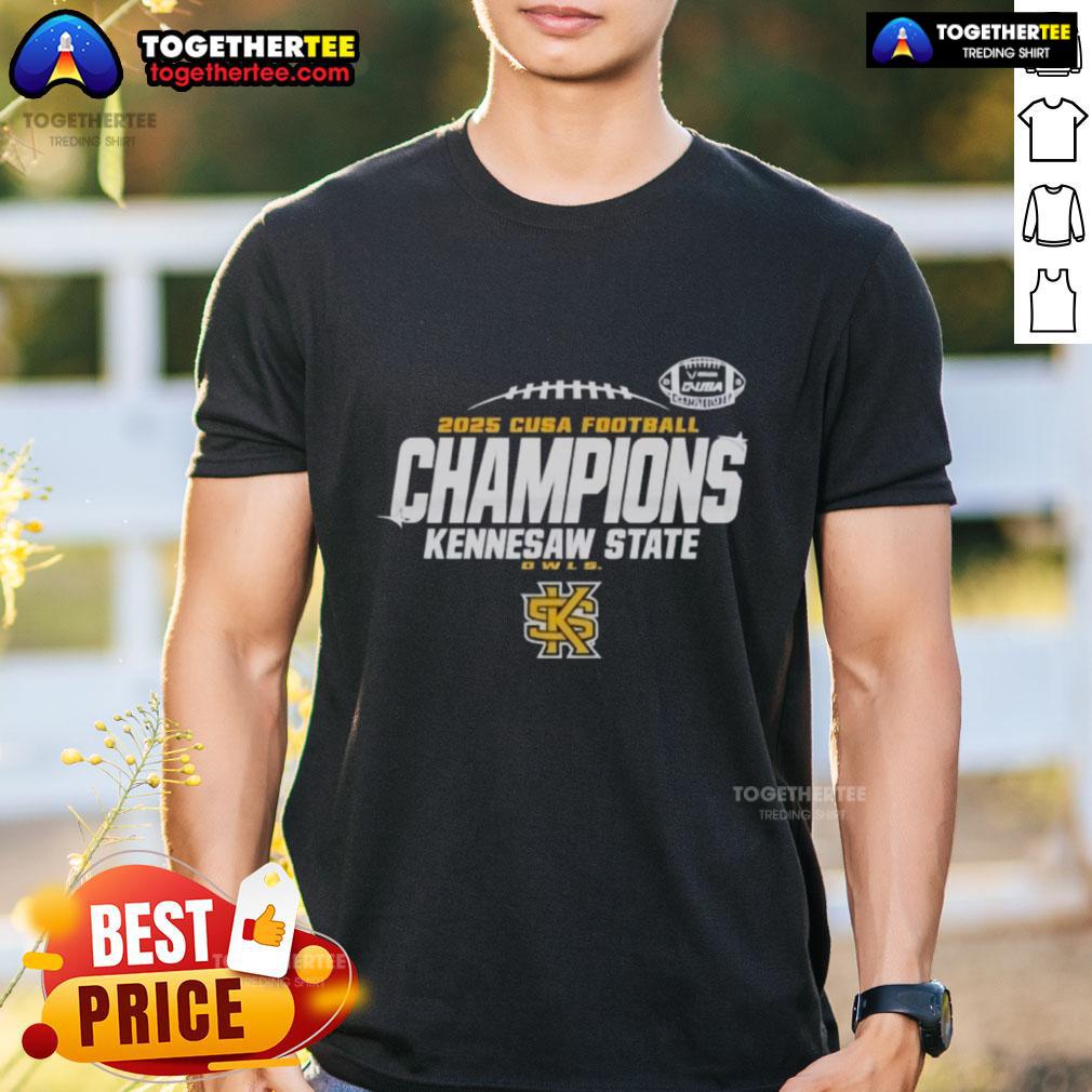 Alt Text: Kennesaw State Owls C-USA Champs 2025 Football locker room t-shirt featuring team logo and championship design.