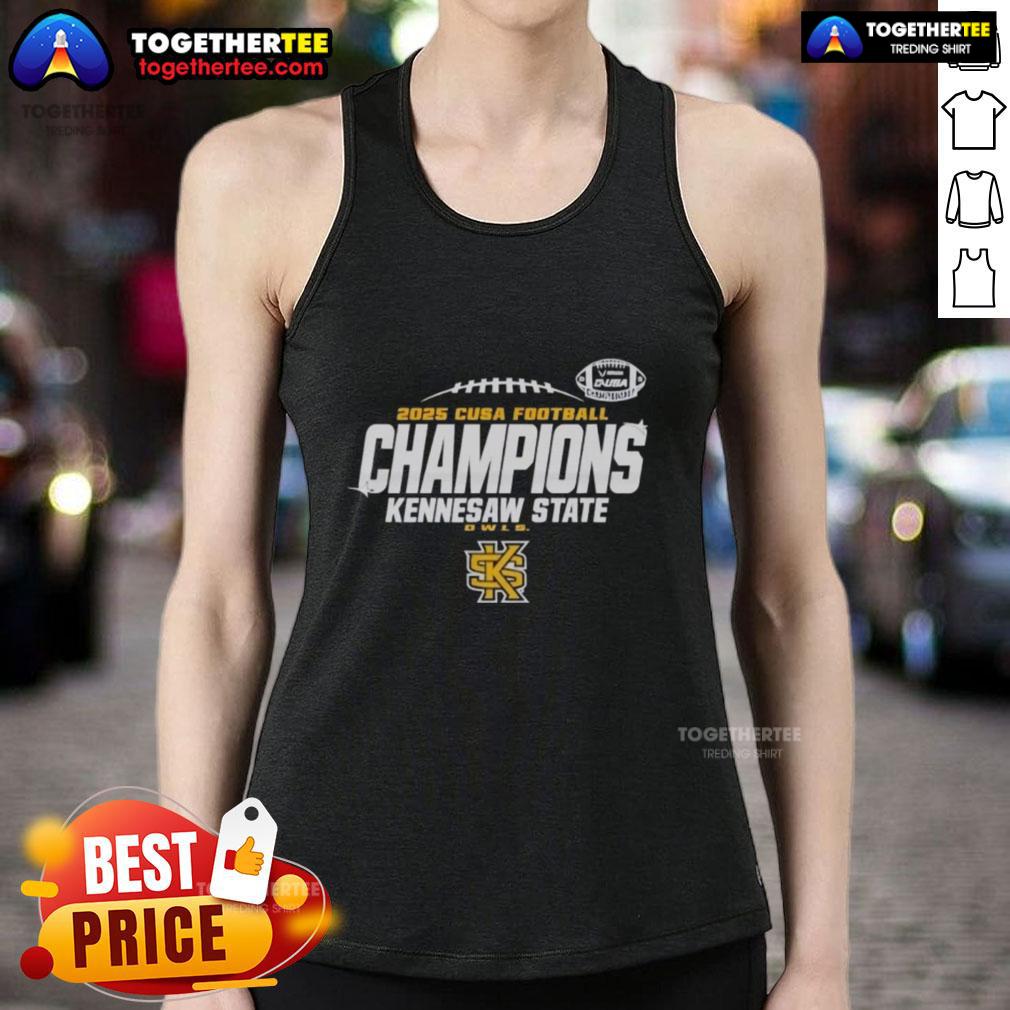 2025 Kennesaw State Owls C-USA Champs football locker room tank top featuring team colors and logo.