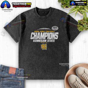 Nice Kennesaw State Owls C-USA Champs 2025 Football Locker Room Washed T-Shirt displayed on a hanger in a sports setting.
