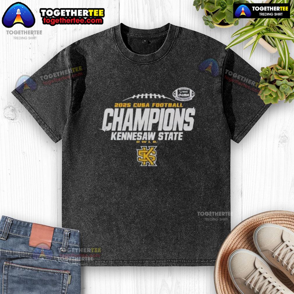 Nice Kennesaw State Owls C-USA Champs 2025 Football Locker Room Washed T-Shirt displayed on a hanger in a sports setting.