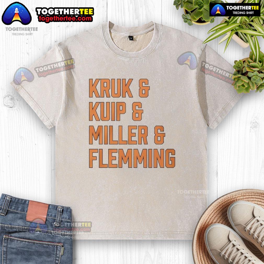 Nice Kruk and Kuip and Miller and Flemming washed t-shirt displayed on a hanger with a casual backdrop.