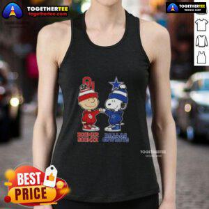 Official Charlie Brown fist bump with Snoopy on a Bommer Sooner X Dallas Cowboys tank top, perfect for football fans.