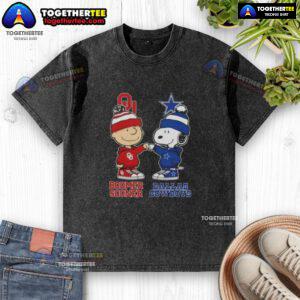 Official Charlie Brown fist bump with Snoopy on a Bommer Sooner X Dallas Cowboys washed t-shirt design.