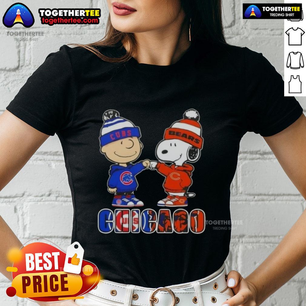 Alt Text: Official Charlie Brown fist bump with Snoopy, featuring Chicago City Sports Cubs x Bears ladies tee design.