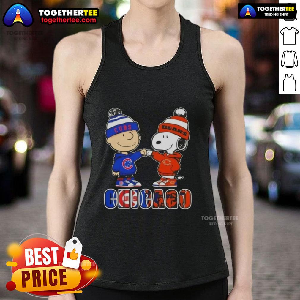 Official Charlie Brown fist bump with Snoopy on a Chicago Cubs x Bears tank top, perfect for sports fans.
