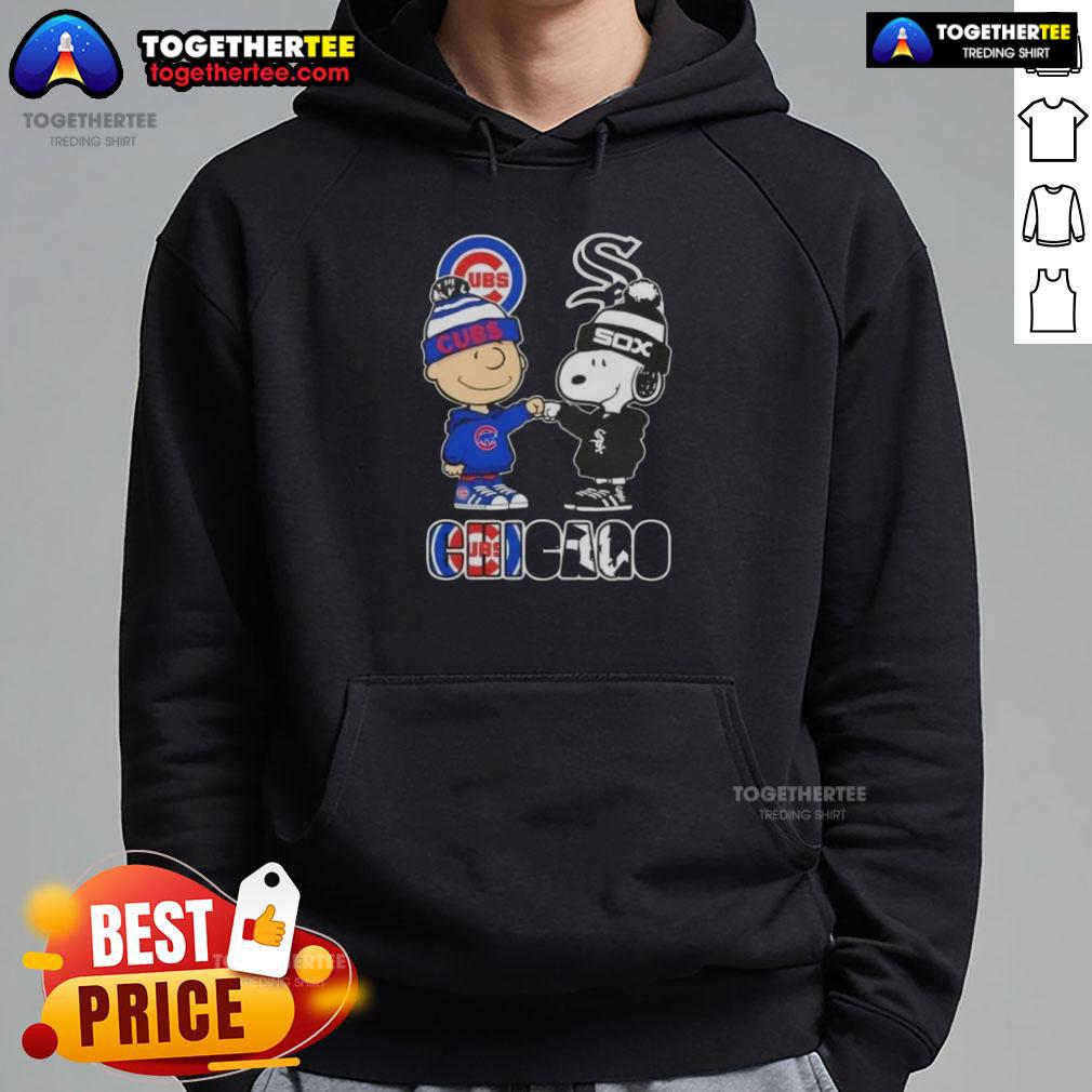 Alt Text: Official Charlie Brown fist bump with Snoopy on Chicago City Sports hoodie for Cubs and White Sox fans.