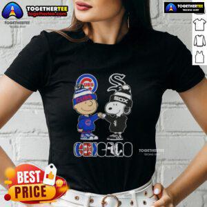Alt Text: Official Charlie Brown fist bump with Snoopy, featuring Chicago Cubs and White Sox logos on a ladies tee shirt.