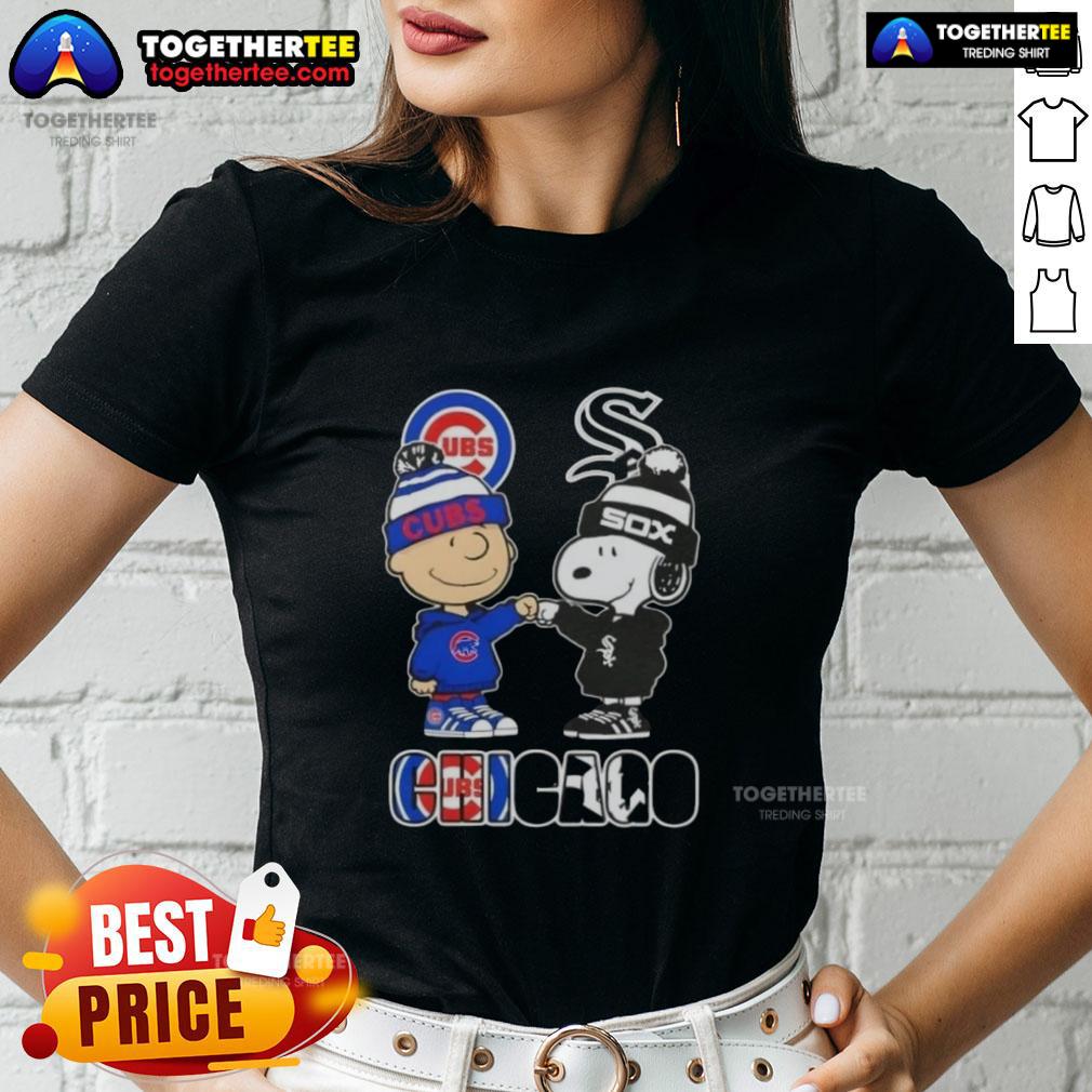 Alt Text: Official Charlie Brown fist bump with Snoopy, featuring Chicago Cubs and White Sox logos on a ladies tee shirt.