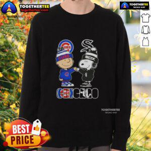 Alt Text: Official Charlie Brown fist bump with Snoopy on a Chicago City Sports Cubs x White Sox sweatshirt.