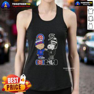 Charlie Brown fist bumping Snoopy on a Chicago sports tank top featuring Cubs and White Sox logo.