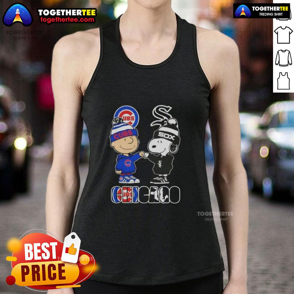 Charlie Brown fist bumping Snoopy on a Chicago sports tank top featuring Cubs and White Sox logo.