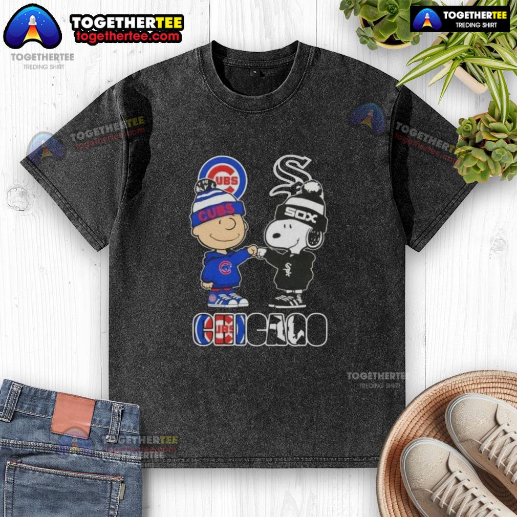 Official Charlie Brown fist bump with Snoopy on a washed T-shirt celebrating Chicago Cubs and White Sox sports.