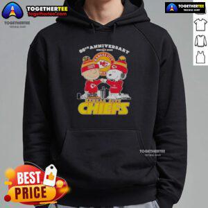 Alt Text: Official Charlie Brown Touch Hand Snoopy X Kansas City Chiefs 66th Anniversary Skyline Hoodie design featuring iconic characters.