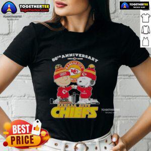 Official Charlie Brown Touch Hand Snoopy X Kansas City Chiefs 66th Anniversary Skyline Ladies Tee design.