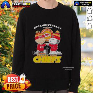 Official Charlie Brown Touch Hand Snoopy x Kansas City Chiefs sweatshirt celebrating 66th anniversary 1960-2026 skyline design.