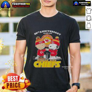 Official Charlie Brown Touch Hand Snoopy X Kansas City Chiefs 66th Anniversary Skyline T-Shirt, celebrating 1960-2026.