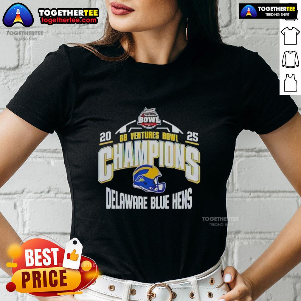 Official Delaware Blue Hens 2025 Ventures Bowl Champions helmet ladies tee showcasing team pride and style.