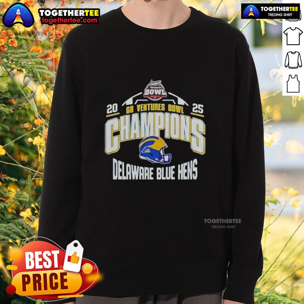 Alt Text: Delaware Blue Hens 2025 Ventures Bowl Champions sweatshirt featuring a helmet design, perfect for fans and collectors.