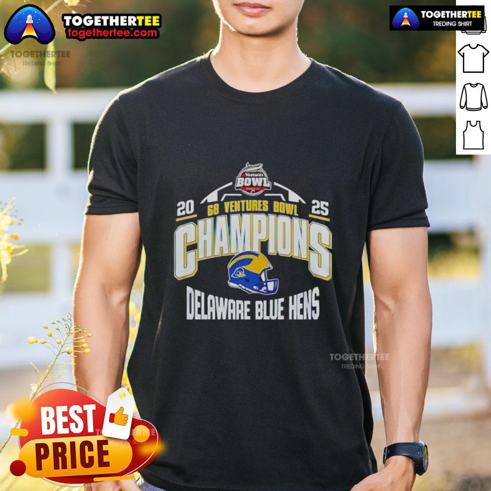 Alt Text: Official Delaware Blue Hens 2025 68 Ventures Bowl Champions helmet t-shirt featuring team colors and logo design.