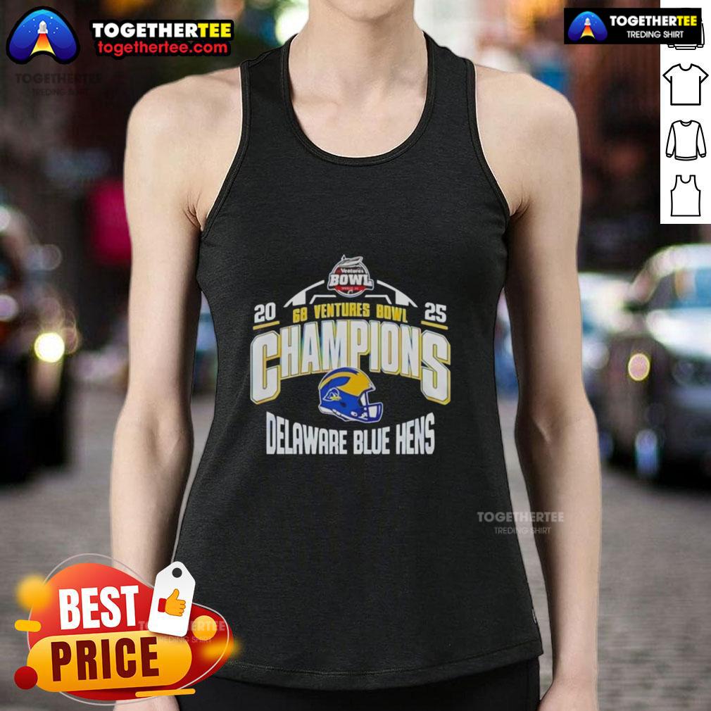 Official Delaware Blue Hens 2025 Ventures Bowl Champions helmet tank top featuring team colors and logo.