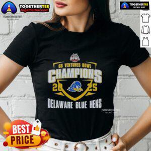 Alt Text: Official Delaware Blue Hens 2025 Ventures Bowl Champions mascot ladies tee featuring vibrant team colors and logo.