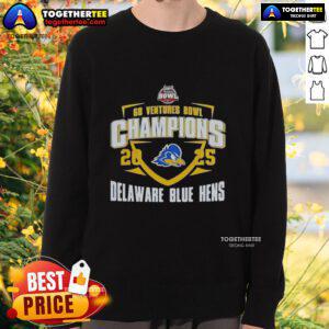 Alt Text: Official Delaware Blue Hens 2025 Ventures Bowl Champions mascot sweatshirt featuring vibrant team colors and logo.