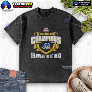 Delaware Blue Hens 2025 Ventures Bowl Champions mascot graphic on a washed t-shirt, showcasing team pride and spirit.