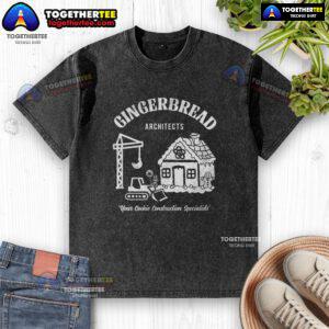 Official Gingerbread Architects washed t-shirt featuring a fun cookie construction design for baking enthusiasts.