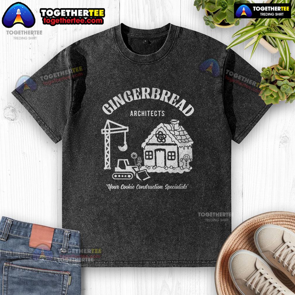 Official Gingerbread Architects washed t-shirt featuring a fun cookie construction design for baking enthusiasts.
