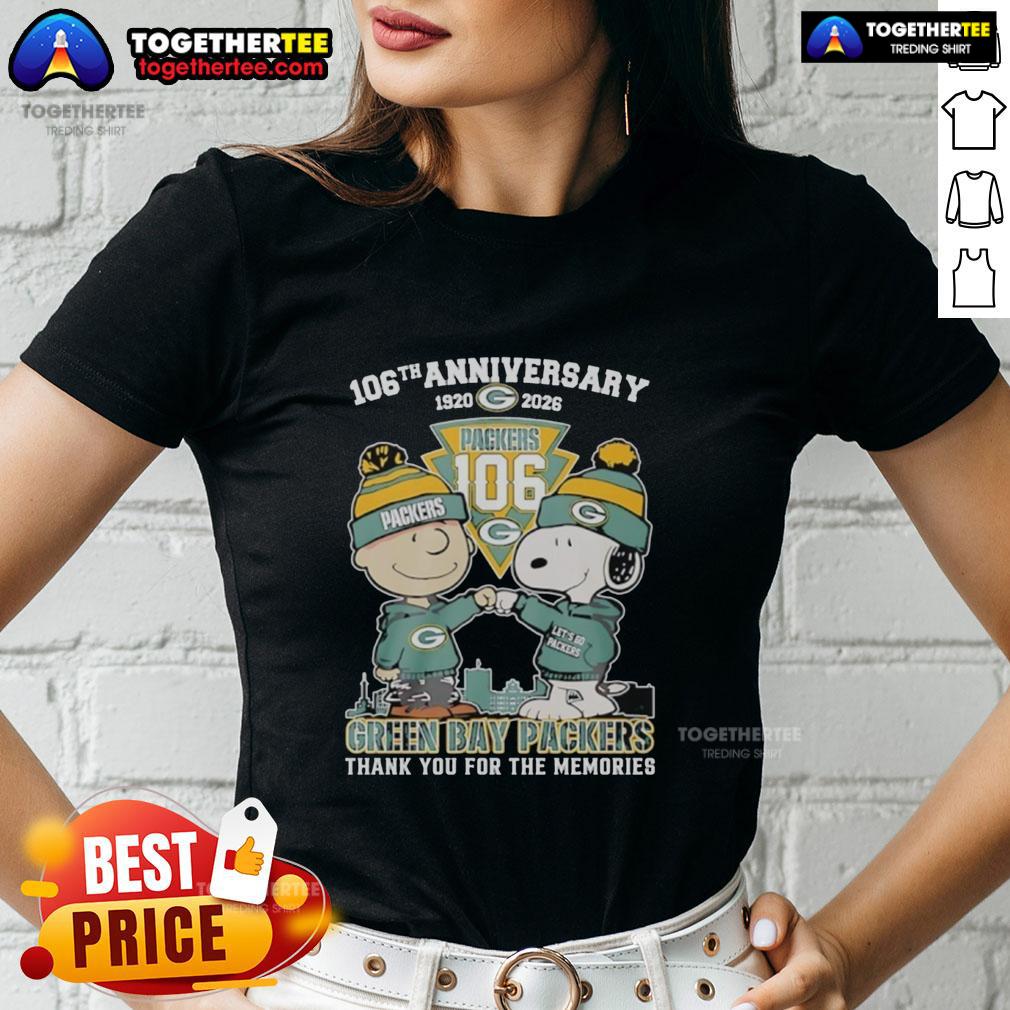 Alt Text: Official Green Bay Packers outfit featuring Snoopy and Charlie Brown, celebrating the 106th anniversary (1920-2026) ladies tee.